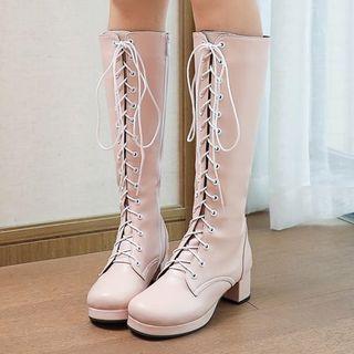 Lace Up Block Heel Platform Knee-high Boots