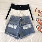 Lettering Printed High-waist Frayed Denim Shorts