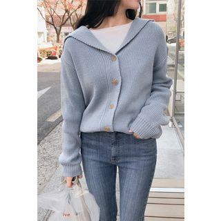 Sailor-collar Rib Knit Cardigan Sky Blue - One Size