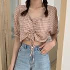 Plaid Short-sleeve Drawstring Cropped Blouse