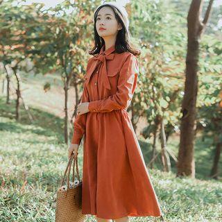 Long-sleeve Bow-accent Midi A-line Shirtdress