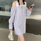 Mock Two-piece Cold Shoulder Striped Shirt Dress As Shown In Figure - One Size