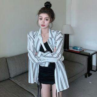 Chain Strap Drawstring Sheath Dress / Striped Shirt
