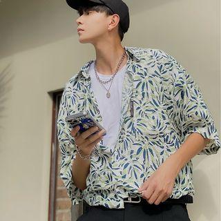 Short-sleeve Leaf Print Loose-fit Shirt