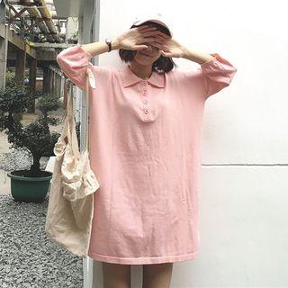 Plain Loose-fit Elbow-sleeve Polo Dress