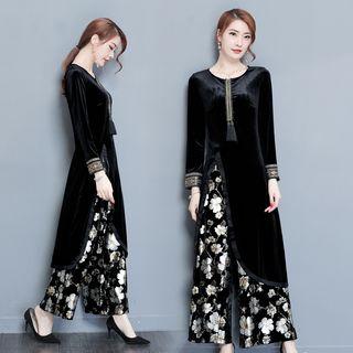 Set: Slit Velvet Long-sleeve Top + Floral Print Wide Leg Pants