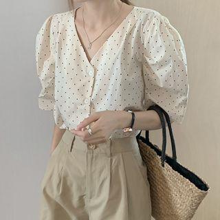Puff-sleeve Polka Dot Button-up Blouse