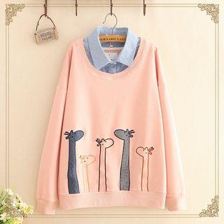 Mock Two-piece Giraffe Embroidered Sweatshirt