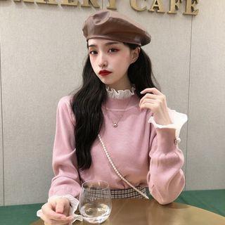 Faux Pearl Ruffled Knit Top