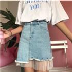 Eyelet Detail Mesh Hem Denim Skirt