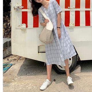 Short-sleeve Plaid Buttoned Midi A-line Dress