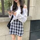 Plain Long-sleeve Light Top / Color-block Plaid High-waist Skirt