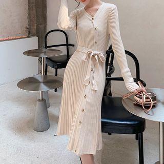 Tie-waist Accordion Pleated Midi A-line Knit Dress