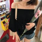 Lace Up Off-shoulder Bell-sleeve T-shirt