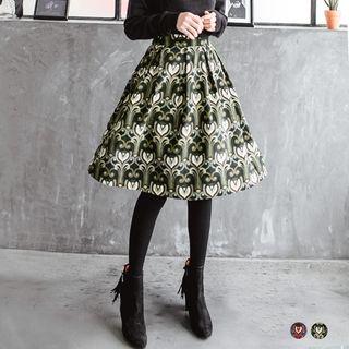 Patterned Pleated Flare Midi Skirt