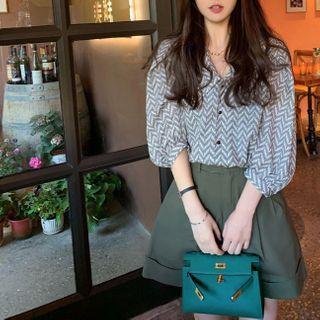 Set: Puff-sleeve Chevron Blouse + High-waist Shorts