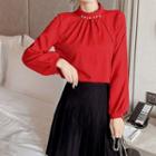 Long-sleeve Faux Pearl Trim Crinkled Chiffon Blouse