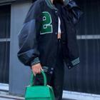 Faux Leather Panel Lettering Baseball Jacket