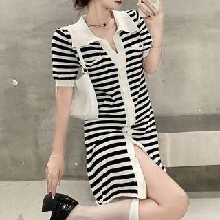 Short-sleeve Striped Polo-neck Knit Dress Black & White - One Size