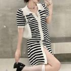 Short-sleeve Striped Polo-neck Knit Dress Black & White - One Size