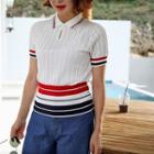 Striped Collared Pointelle-knit Top