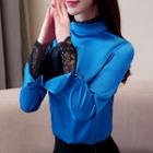 Long-sleeve Lace-detail Satin Top