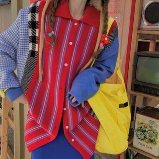 Collar Plaid Panel Striped Cardigan Red & Blue - One Size