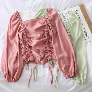 Bubble-sleeved Drawstring Crop Blouse