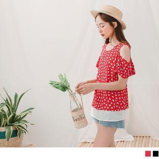 Triangle Patterned Cutout Shoulder Chiffon Top