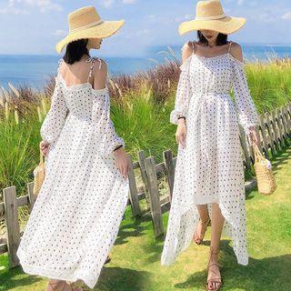 Dotted Cold Shoulder Dip Back Midi Sundress