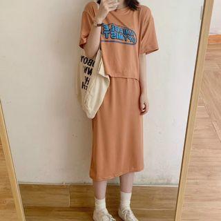 Set: Elbow-sleeve Lettering T-shirt + Skirt