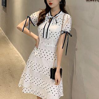 Dotted Tie-cuff Short-sleeve A-line Dress