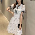 Dotted Tie-cuff Short-sleeve A-line Dress