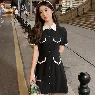 Short-sleeve Single-breasted Mini Dress / Button-up Crop Top / High-waist Shorts