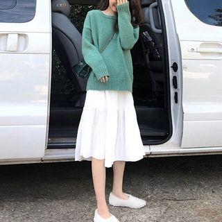 Plain Sweater / Long-sleeve Midi A-line Dress / Set
