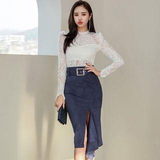 Set: Long-sleeve Lace Top + Belted Slit Pencil Skirt