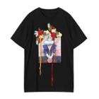 Flower Applique Printed Short-sleeve T-shirt