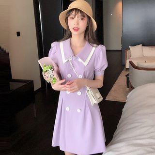 Puff-sleeve Double-breasted Mini A-line Dress