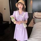 Puff-sleeve Double-breasted Mini A-line Dress