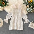 Chiffon-sleeve Faux Pearl Tweed Sheath Dress