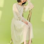 Set: Mesh Long-sleeve Midi A-line Dress + Slipdress Set - Off White - One Size