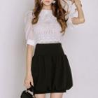 Set: Elbow-sleeve Lace Blouse + A-line Skirt
