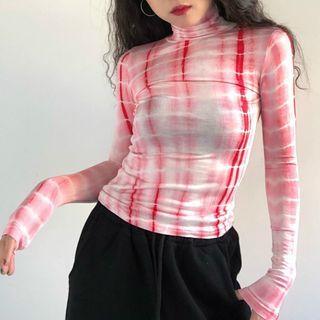 Long-sleeve Mock-neck Tie-dyed Top