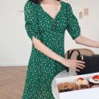 V-neck Short-sleeve A-line Dress Green - One Size