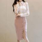 Long-sleeve Mesh Panel Blouse / Midi Sheath Skirt