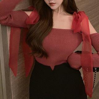 Cutaway-shoulder Plain Knit Top Red - One Size