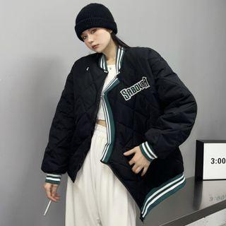 Lettering Asymmetrical Quilted Zip-up Jacket