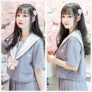Floral Embroidered Shirt / Bow / Pleated A-line Skirt / Set