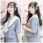 Floral Embroidered Shirt / Bow / Pleated A-line Skirt / Set