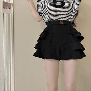 Short-sleeve Lettering Striped Knit Top / A-line Layered Skirt